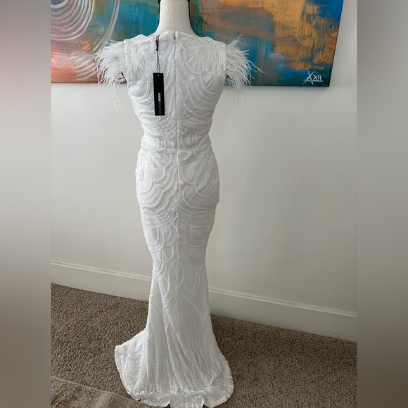 Fashion Nova NWT The Most Elegant Sequin Stretch Feather Sleeveless Maxi Dress S - Picture 6 of 15